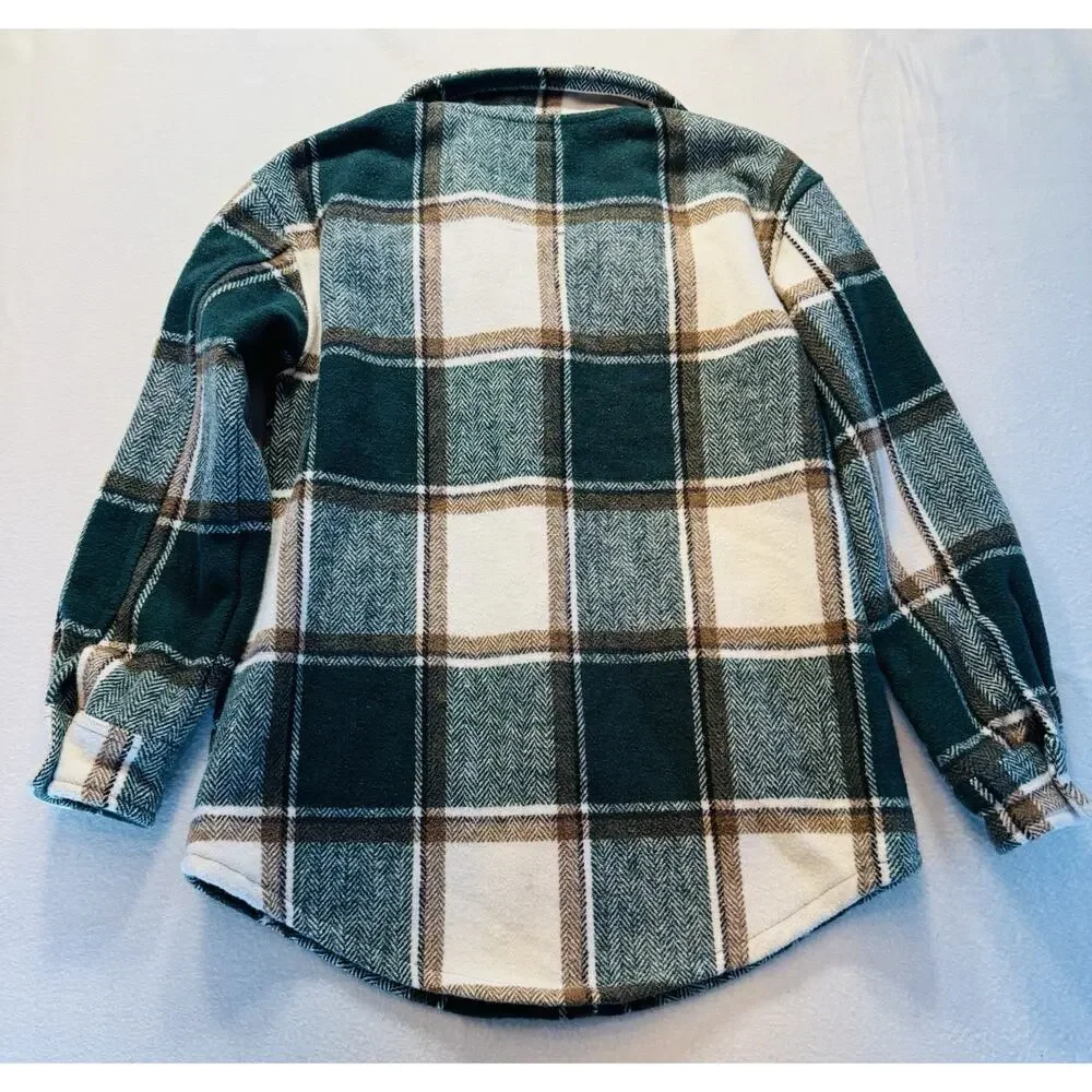 Fornia Kids Shacket Green Plaid Small /8 Snap Front‎ Shirt Jacket Fleece